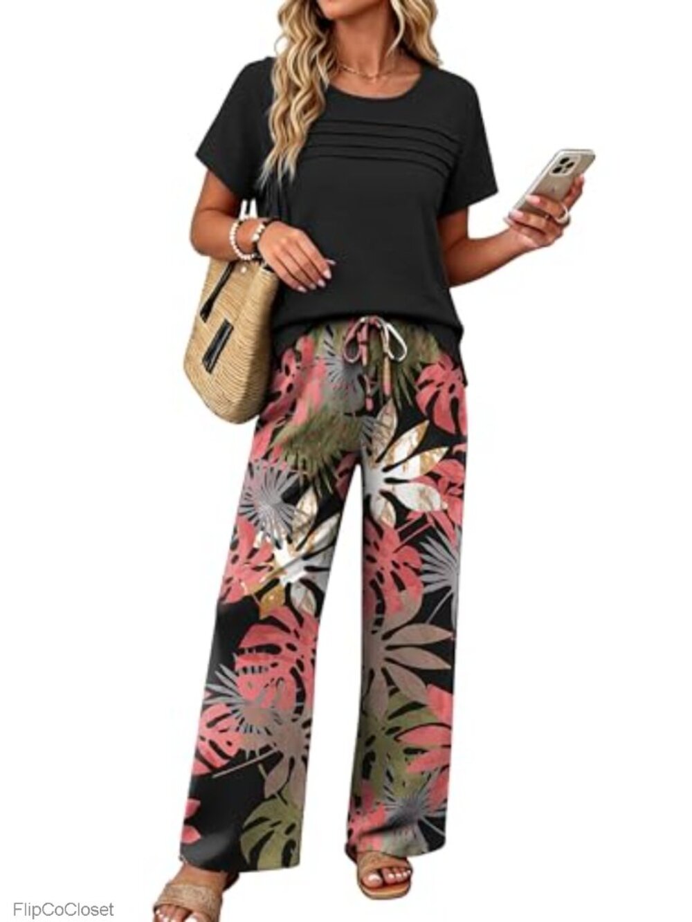 Linen Look 2 Piece Lounge Set Pleated Top & Wide Leg Pants